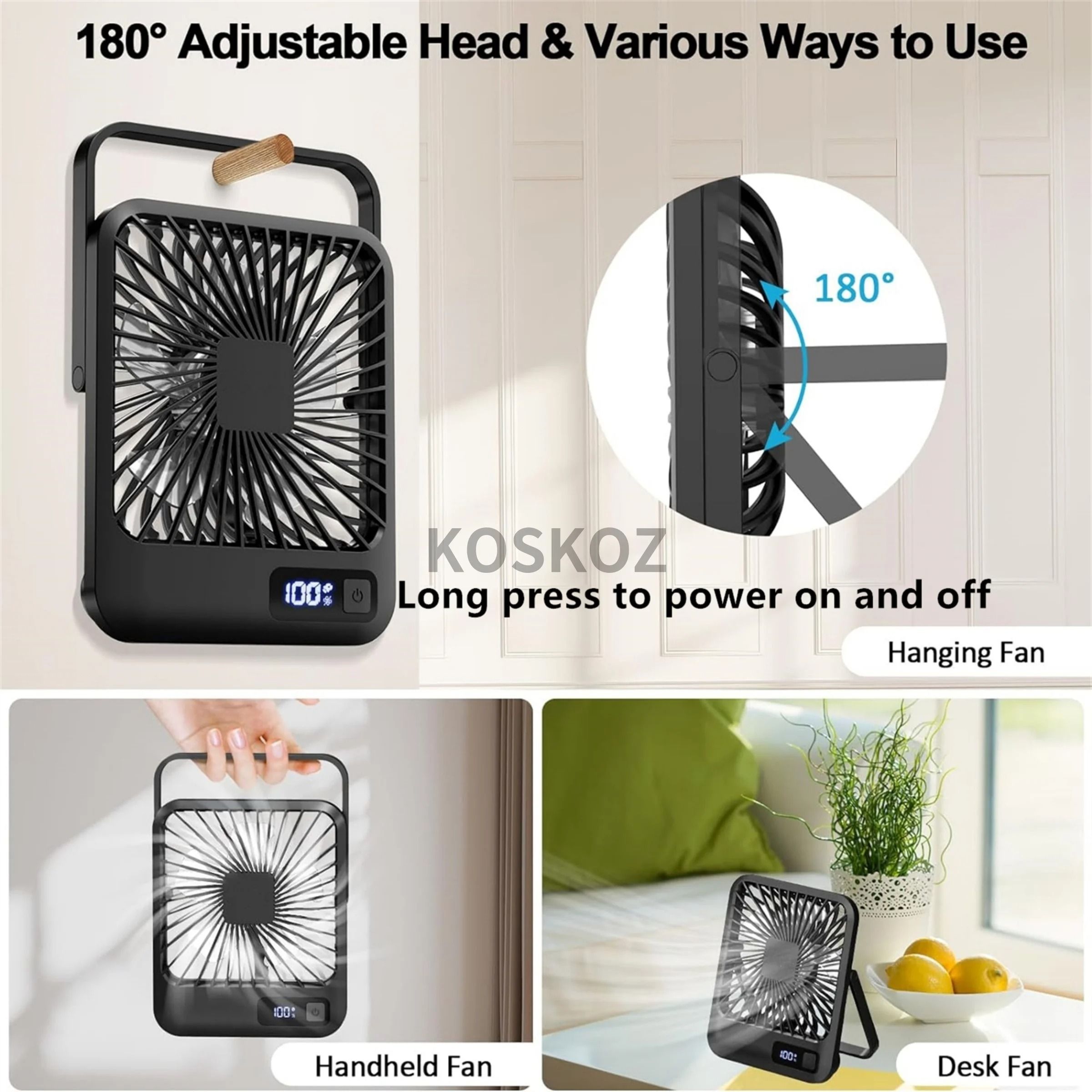 Portable USB Rechargeable Desk Fan with 180° Foldable Tilt and 5 Speeds