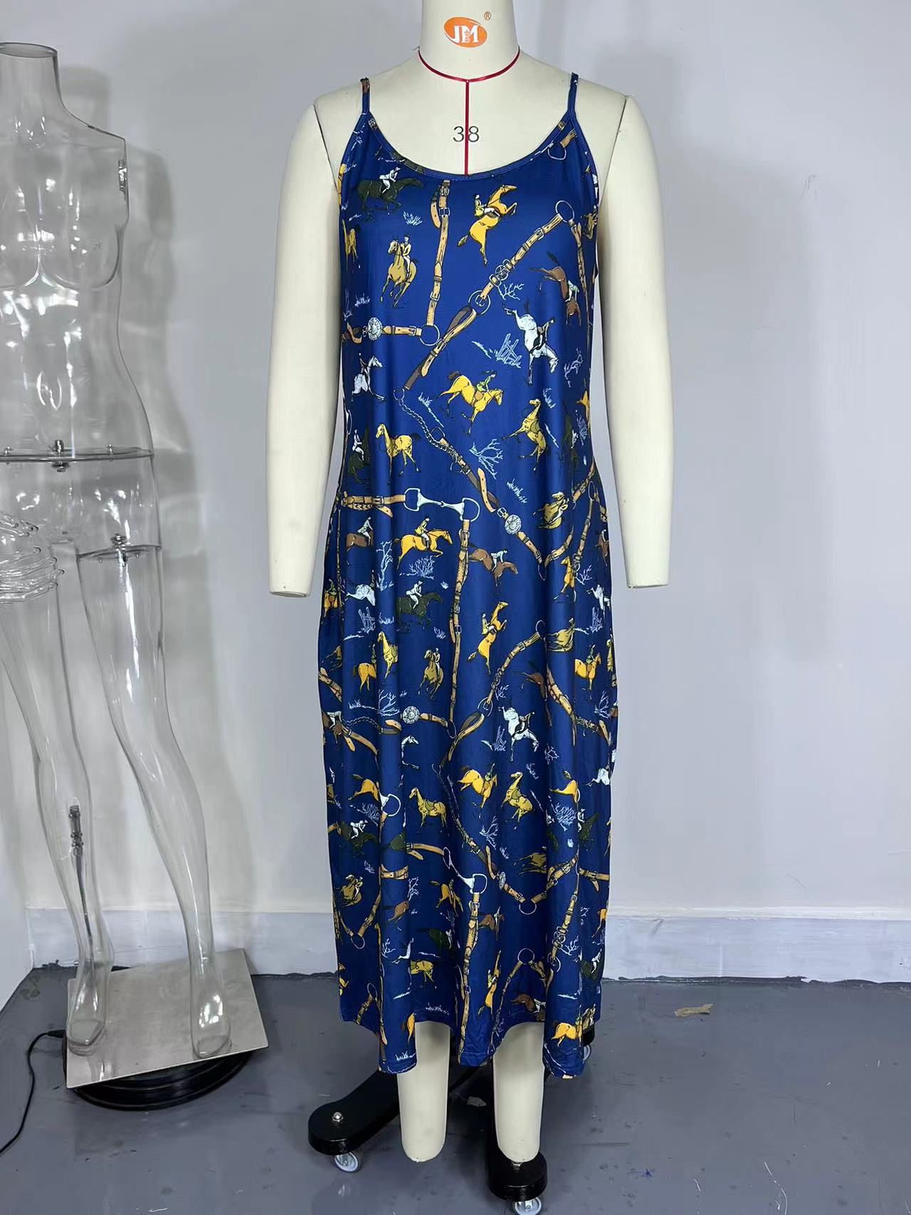 Womens Cross Border Summer Fashion Print Dress, Round Neck Sling Dress for Casual Daily Wear
