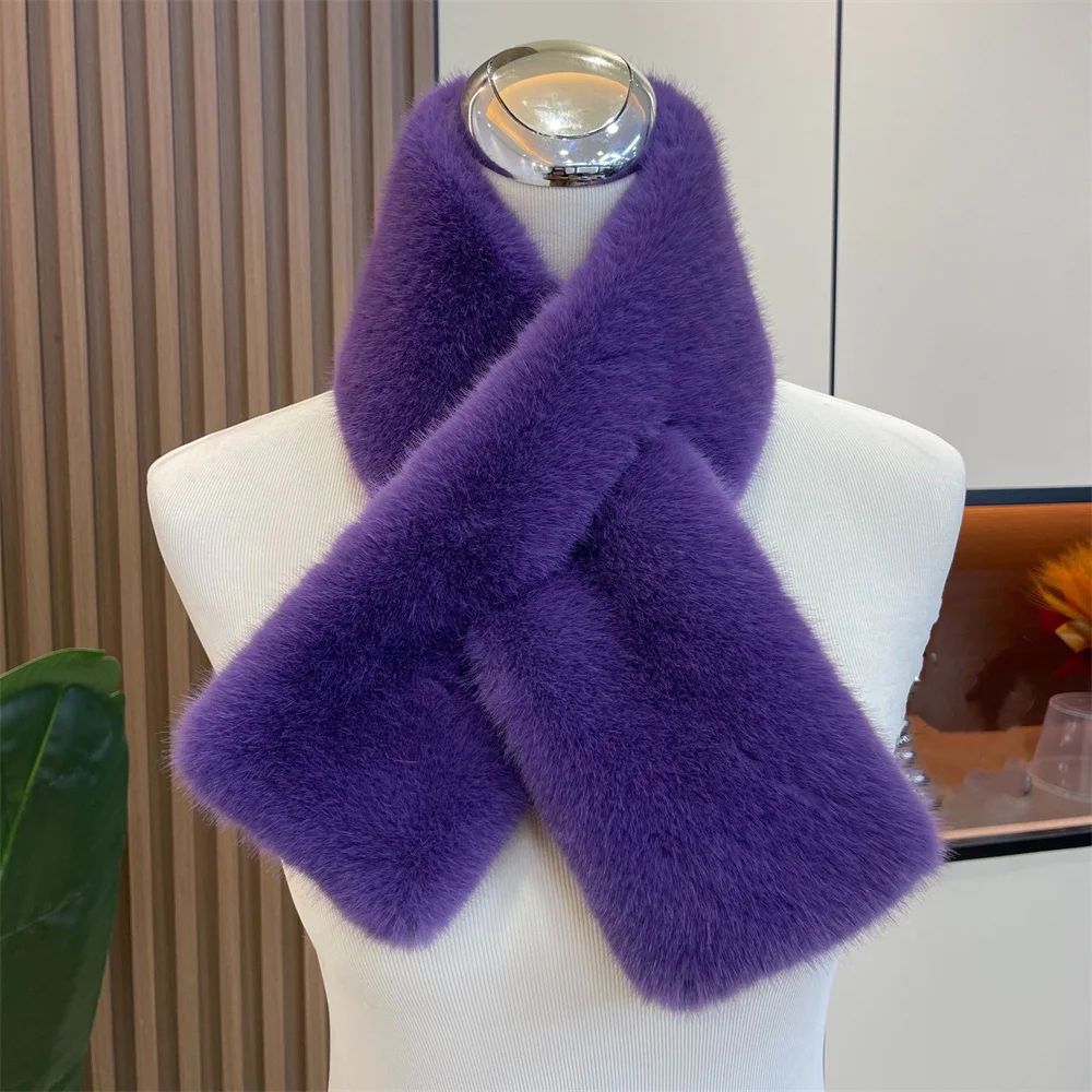 Luxury Faux Rabbit Fur Cross Collar Scarf – Women's Thick Winter Furry Neck Warmer