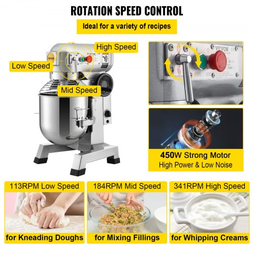 10Qt Commercial Mixer, 850W Heavy-Duty Stand Mixer with Stainless Steel Bowl, 3 Speeds & Dough Hook