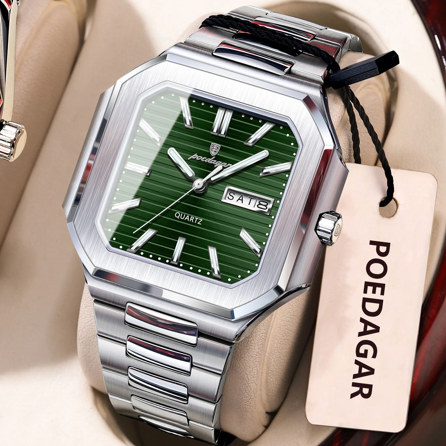 POEDAGAR Luxury Square Waterproof Men's Quartz Watch with Luminous Date & Week