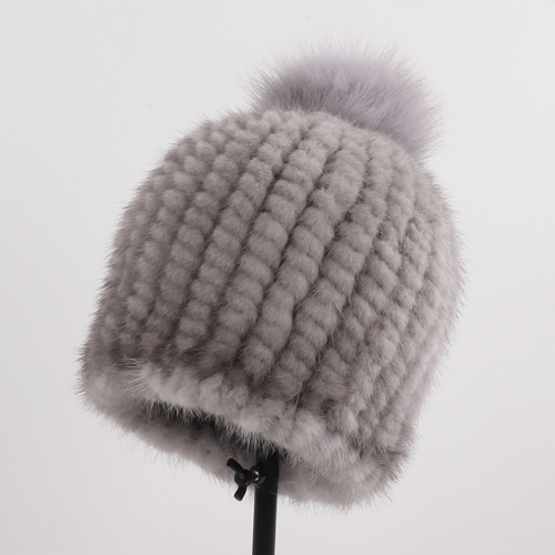 Winter Women Genuine Mink Fur Hat Hand Knitted Warm Cap with Real Mink Fur and Fox Fur Pompoms
