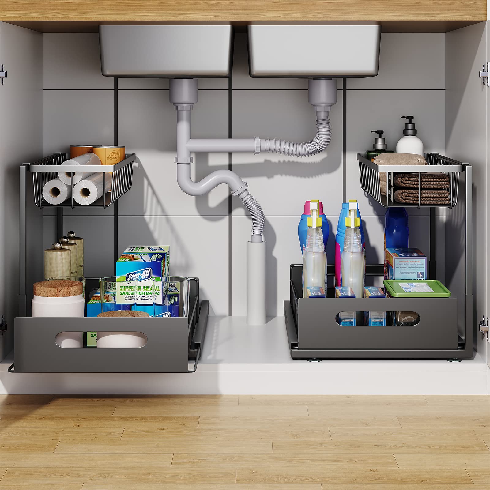 Drawer Pull Out Cabinet Tier Under Sink Organizer, Sliding Basket, Multi-Purpose Sink Storage for Bathroom Kitchen