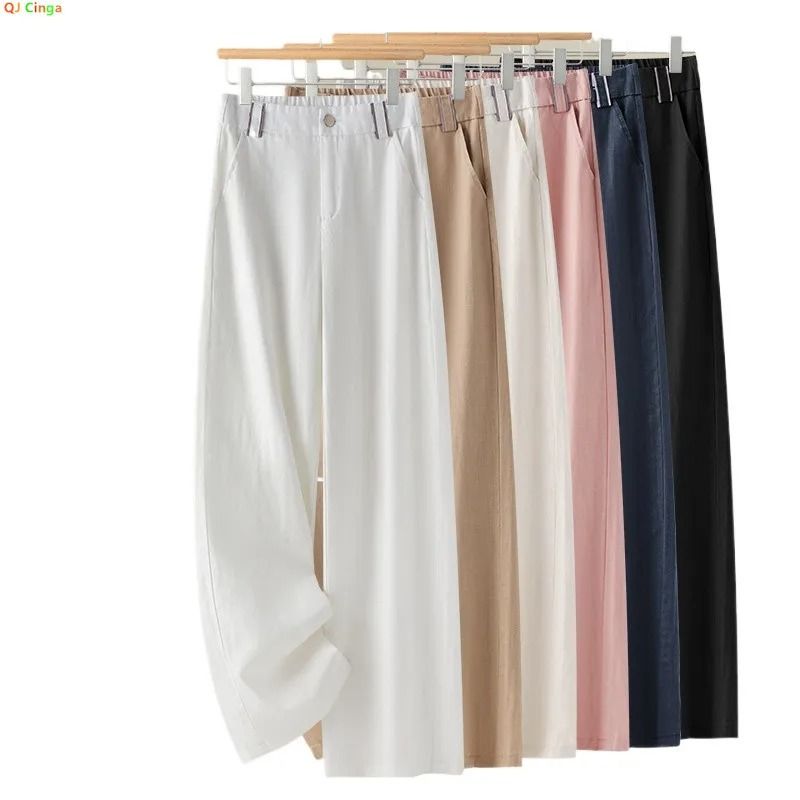 Women Linen Straight Leg Long Pants 2026 Summer High Waisted Lightweight Wide Leg Casual Trousers