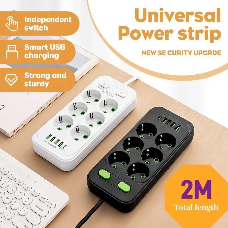 EU Power Strip with USB Type C Fast Charging and 2 m Extension Cord