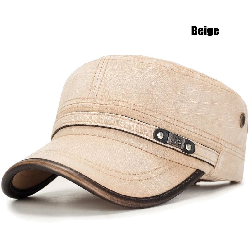 Distressed Washed Cotton Cadet Flat Cap with Leather Binding