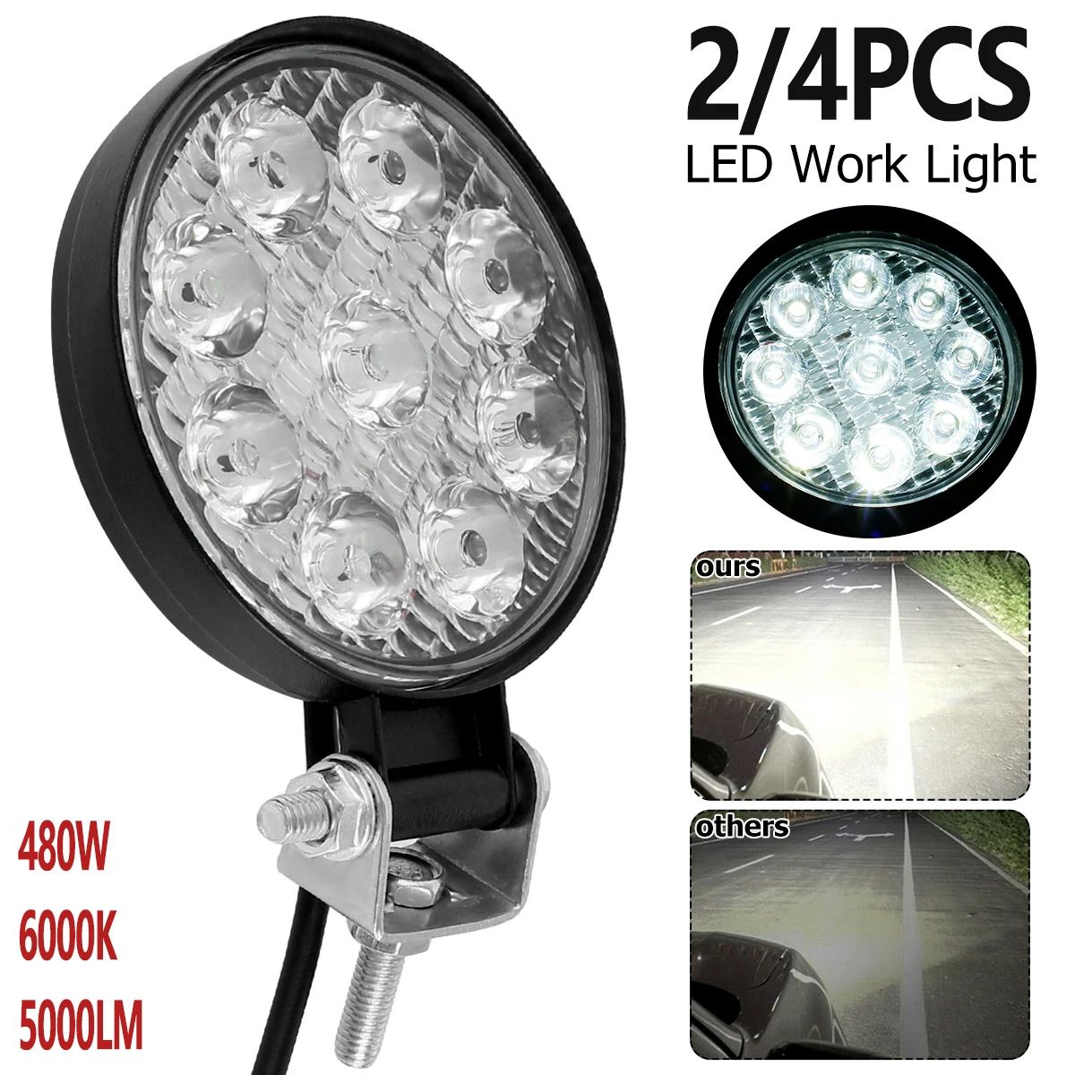 LED Work Light Round Off Road Driving Lights Waterproof High Brightness Headlight Set