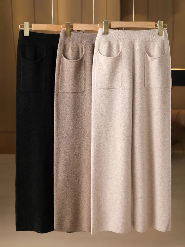 Women 100% Merino Wool Knitted Wide Leg Pants Autumn Winter Loose Soft Warm Bottoms with Pockets