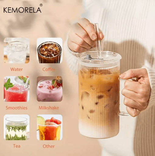 KEMORELA Ribbed Glass Tumbler with Handle and Lid 740 ml Large Iced Coffee Cup 1 to 2 PCS