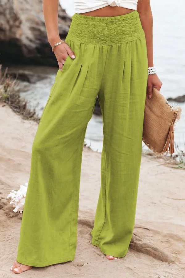 Women Drawstring Wide Leg Casual Pants Mid Waist Beach Trousers