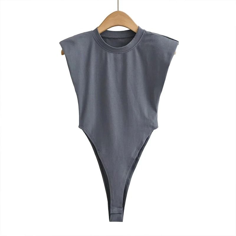 Padded Shoulder Bodysuit Women Summer One Piece Slim Fit Sleeveless Bodycon Top