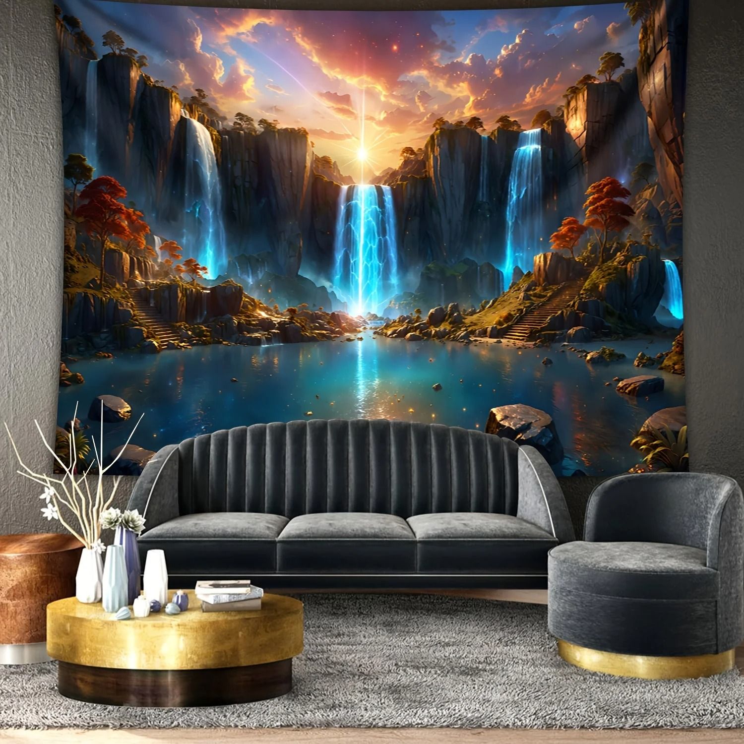Landscape Waterfall Canyon Tapestry – High-Definition Elemental Architectural Sculpture