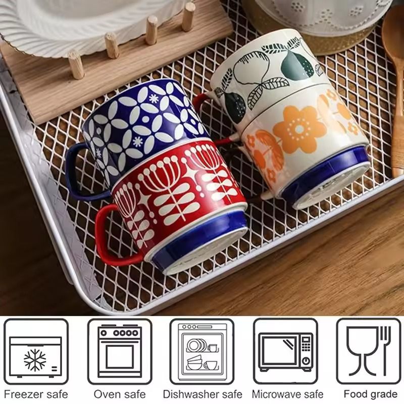 Japanese Flower Retro Ceramic Mug Set 300ml Stylish Drinkware