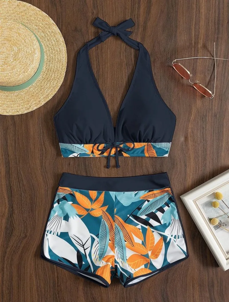 Women Spliced Lace Up Fashion Printed Bikini Set Surfing Bathing Suit Swimwear