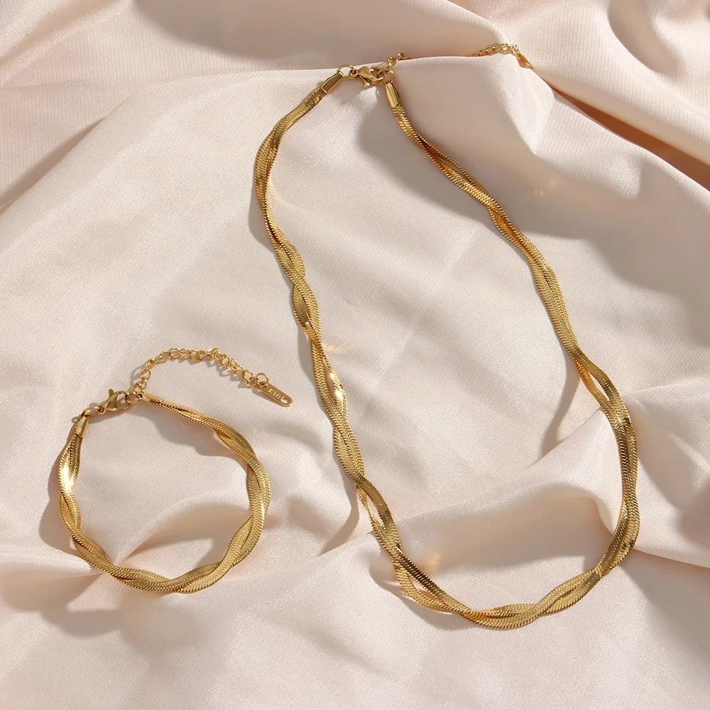 Gold Plated Waterproof Braided Herringbone Chain Necklace and Bracelet Set For Women