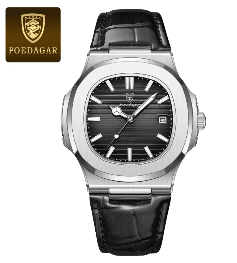 POEDAGAR Luxury Mens Square Watch Waterproof Quartz Wristwatch with Leather Strap