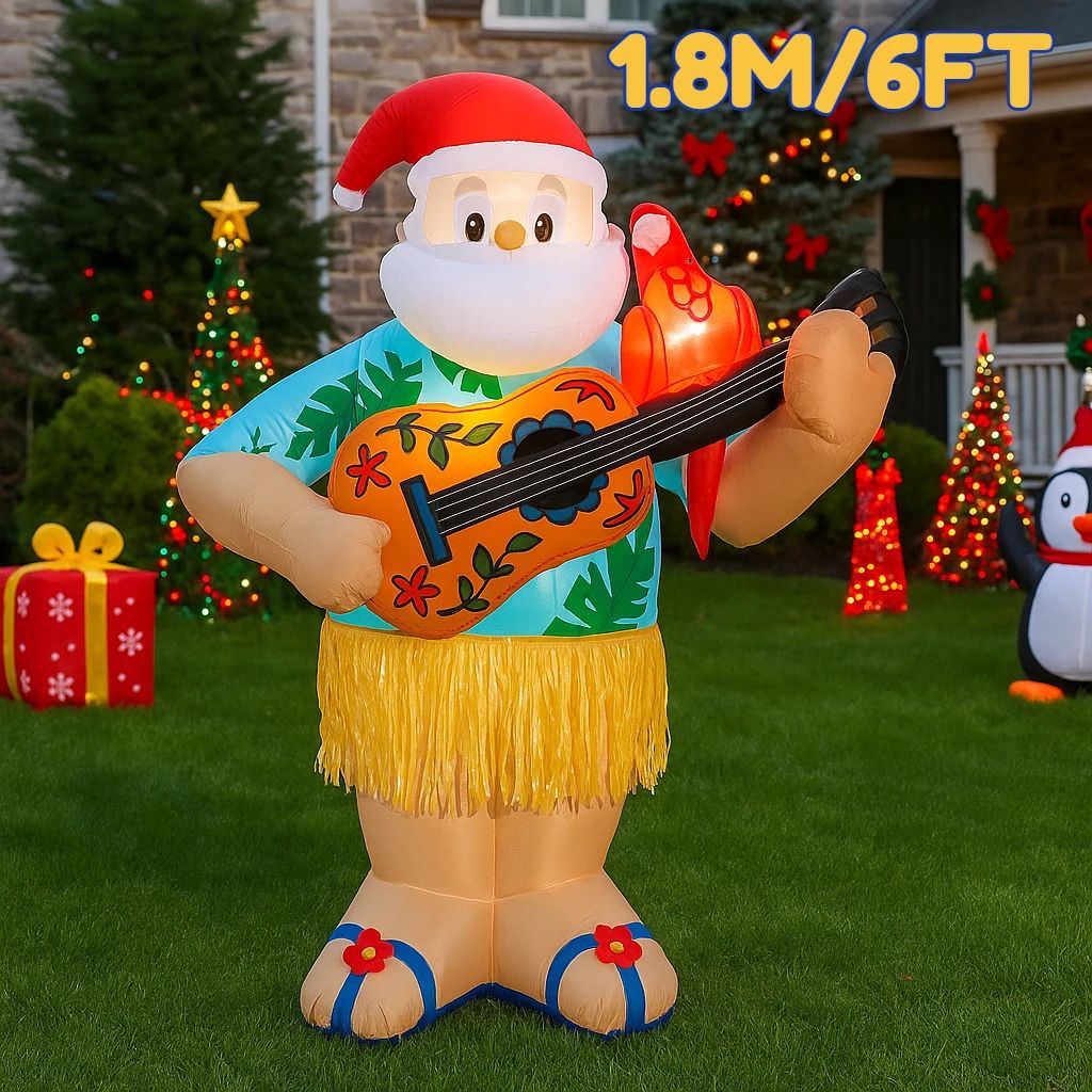 6FT LED Inflatable Hawaiian Santa with Guitar Yard Decoration