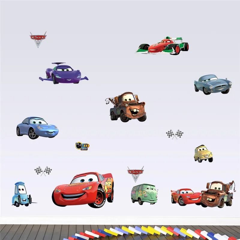 3D Cartoon Cars Breakthrough Wall Decal | Lightning McQueen Racing Mural | High-Fidelity Kid's Room & Playroom Art