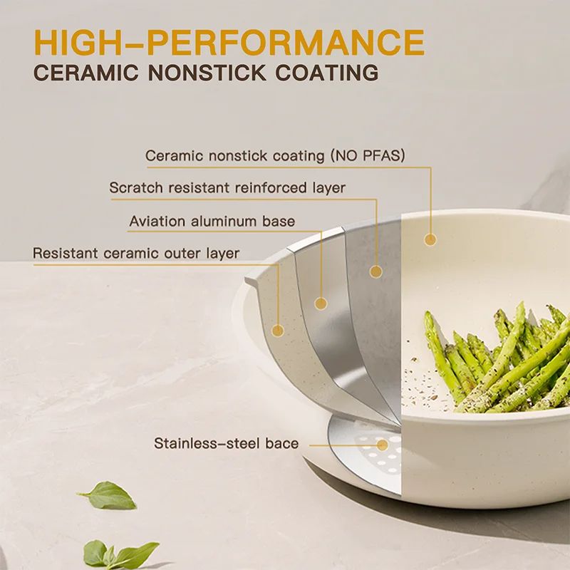 Pots and Pans Set Non-Stick, Astercook Ceramic Cookware Set with Sensor Handles, Milky White, Complete Non-Stick Set
