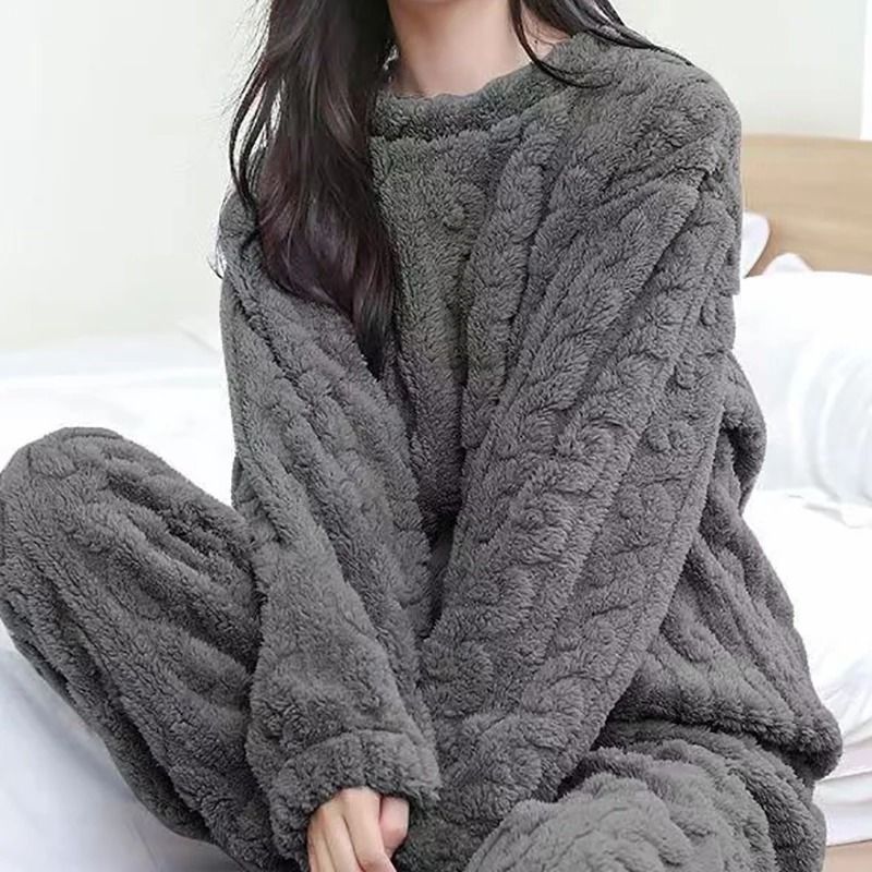 Womens Warm Velvet Ribbed Fleece Pajama Set Pullover and Pants
