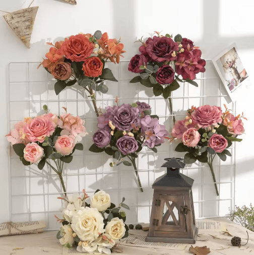 VintageBloom Silk Rose Bouquet – Retro Peony & Hydrangea Artificial Bridal Flower Arrangement