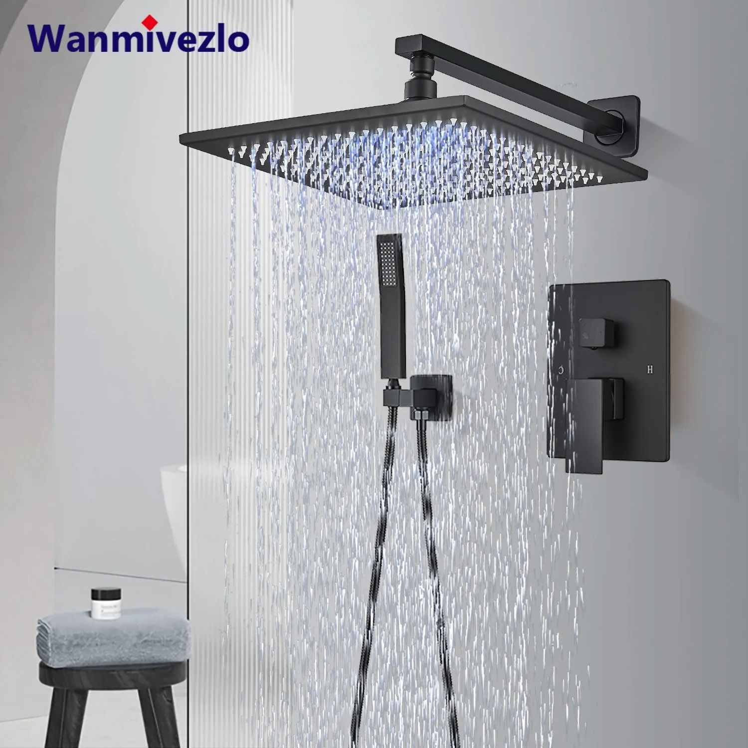Matte Black rainfall shower set Wall Mounted bathroom shower faucet with LED Shower Head Mixer Tap