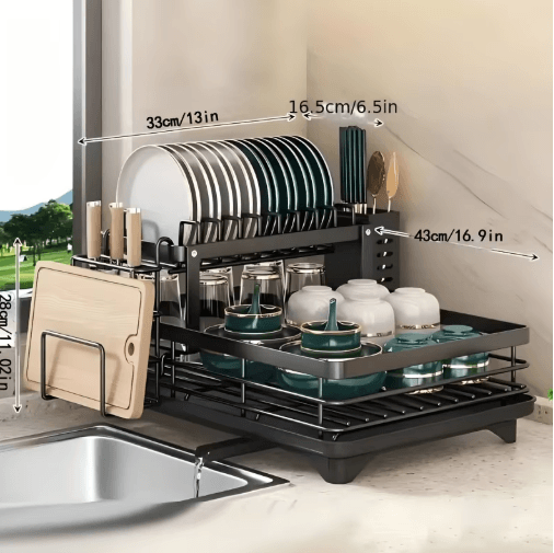 Double Tier Extendable Dish Drainer Large Capacity Adjustable Kitchen Countertop Rack