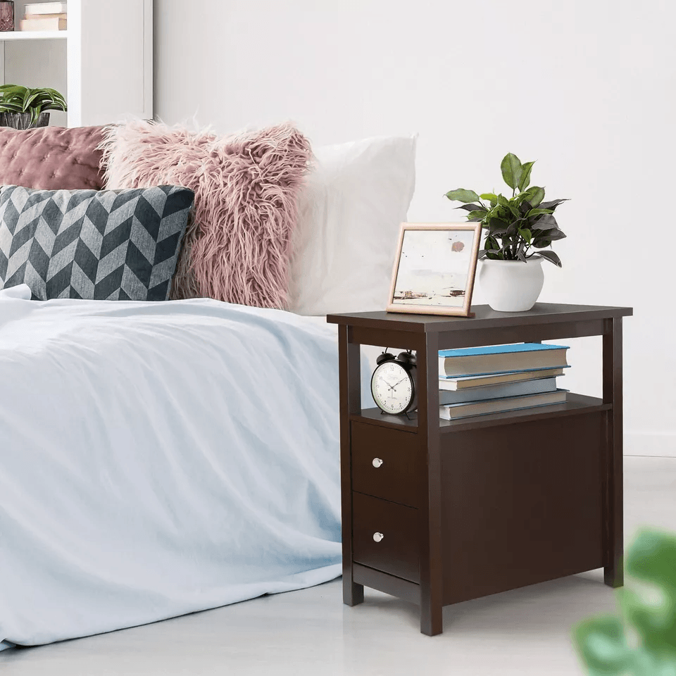 Narrow End Table with 2 Drawers & Open Shelf, Slim Sofa Side Table for Living Room, Bedroom, or Entryway