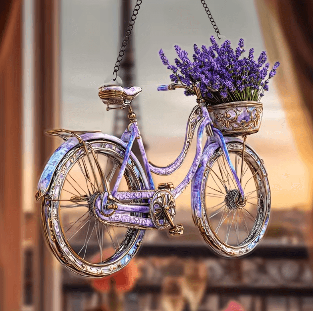 Lavender Bicycle Crystal Suncatcher – Floral Window Light Catcher Decor