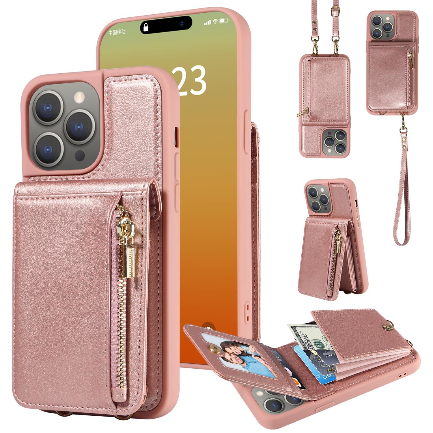 Leather Crossbody iPhone Wallet Case with Zipper Pocket & Lanyard Strap