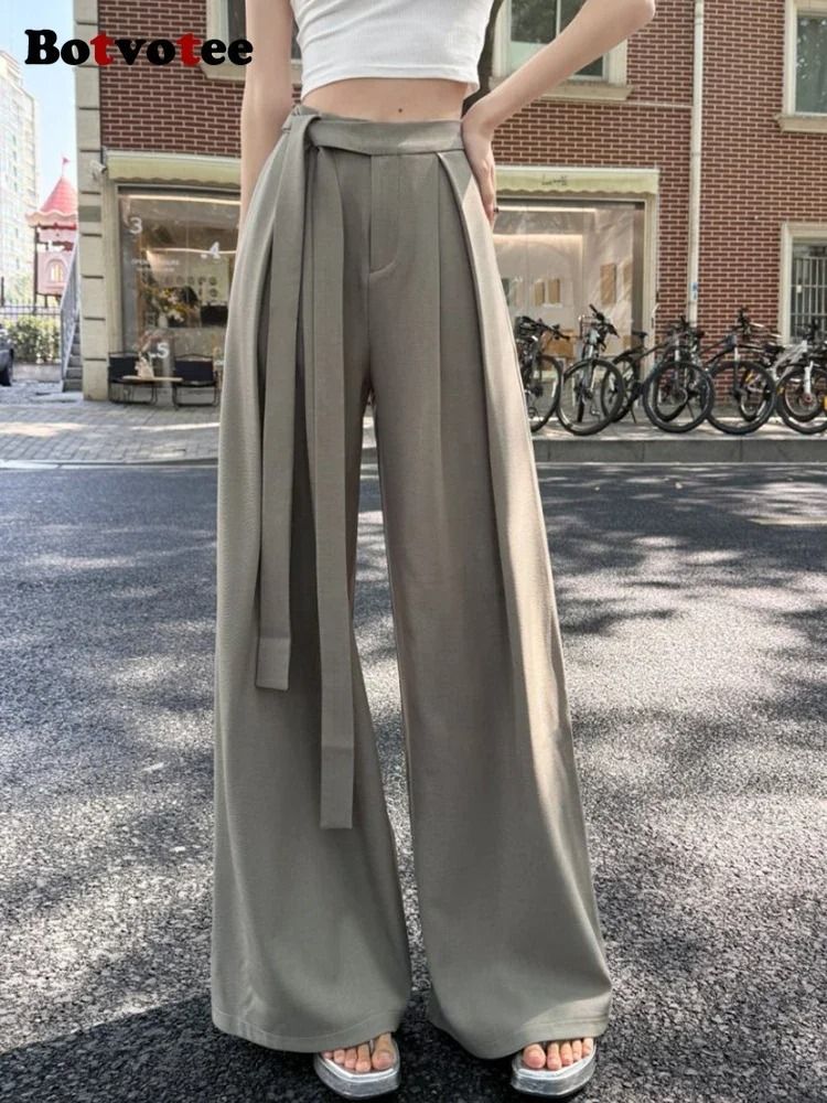 Botvotee Elegant Office Suit Pants High Waisted Wide Leg Baggy Blazer Trousers with Sashes