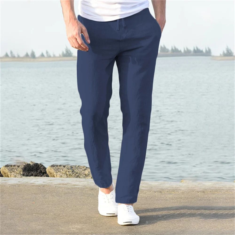 Men's Cotton Linen Breathable Straight-Leg Pants – Casual Elastic Waist Ankle-Length Streetwear Trousers