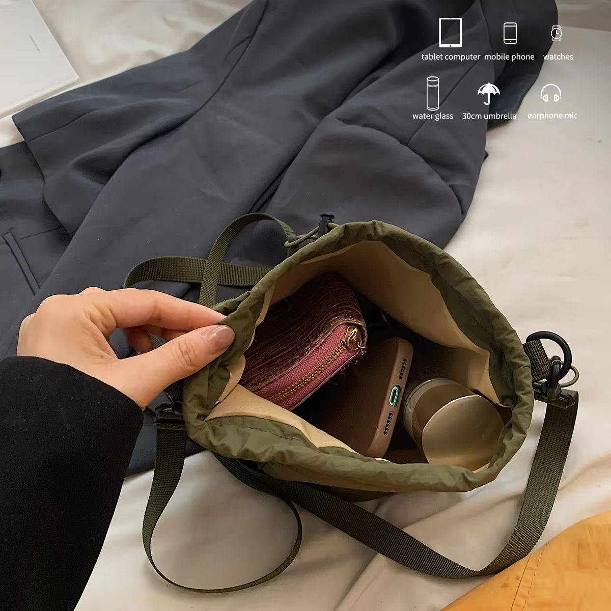 K-Style Niche Lightweight Nylon Drawstring Crossbody Bag
