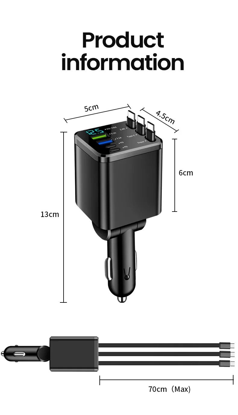 7 in 1 Retractable Car Charger 120W Fast Charging