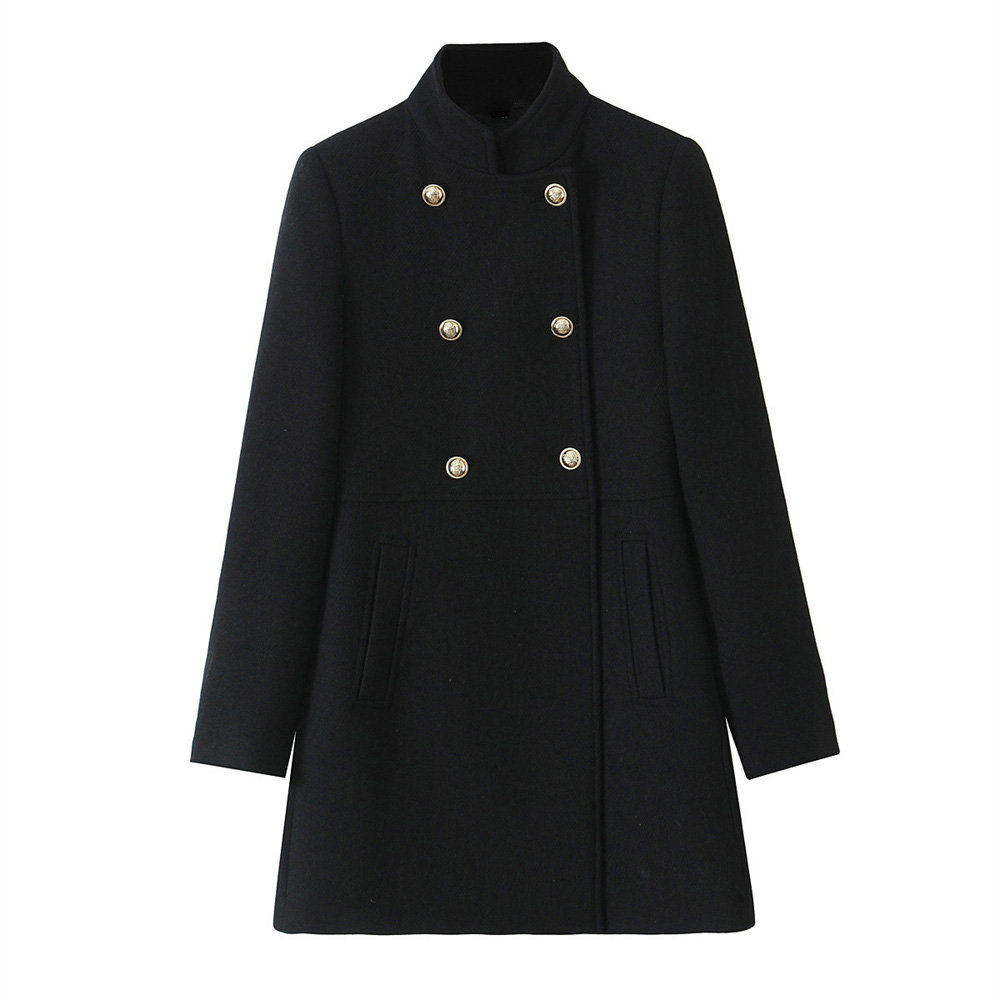New Double Breasted Jacket for Women, Gold Button Up Stand Up Collar Solid Color Coat for Autumn and Winter