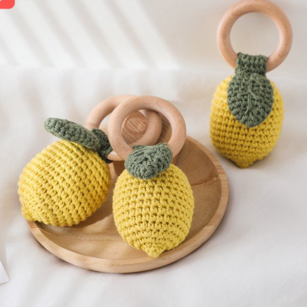 Wooden Lemon Rattle Baby, Teether Rodent Newborn Rattle Teether Gifts Toys, Baby Crochet Lemon Rattles Fruit Cotton
