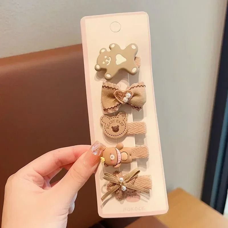 Sweet Kids Plush Hair Clip Set – Kawaii Autumn/Winter Beige & Coffee Bowknot Headwear (5pcs)