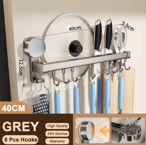 Wall Mounted Kitchen Hook Rack No Drill Utensil Hanger Rail with Chopping Board Holder