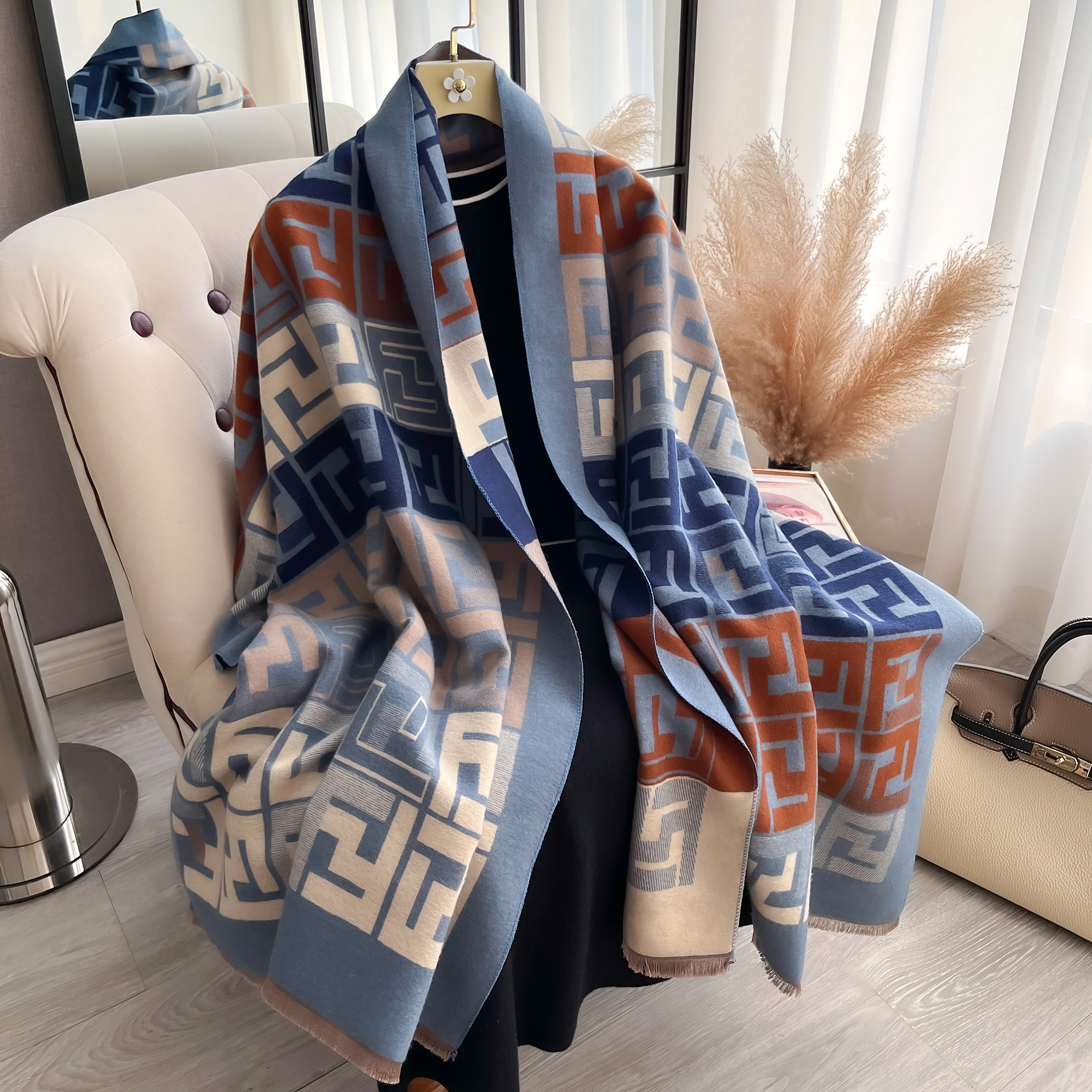 Luxury Women Two-Sided Print Scarf, Soft Warm Pashmina Fashion Shawl, Winter Coldproof Windproof Blanket Scarf