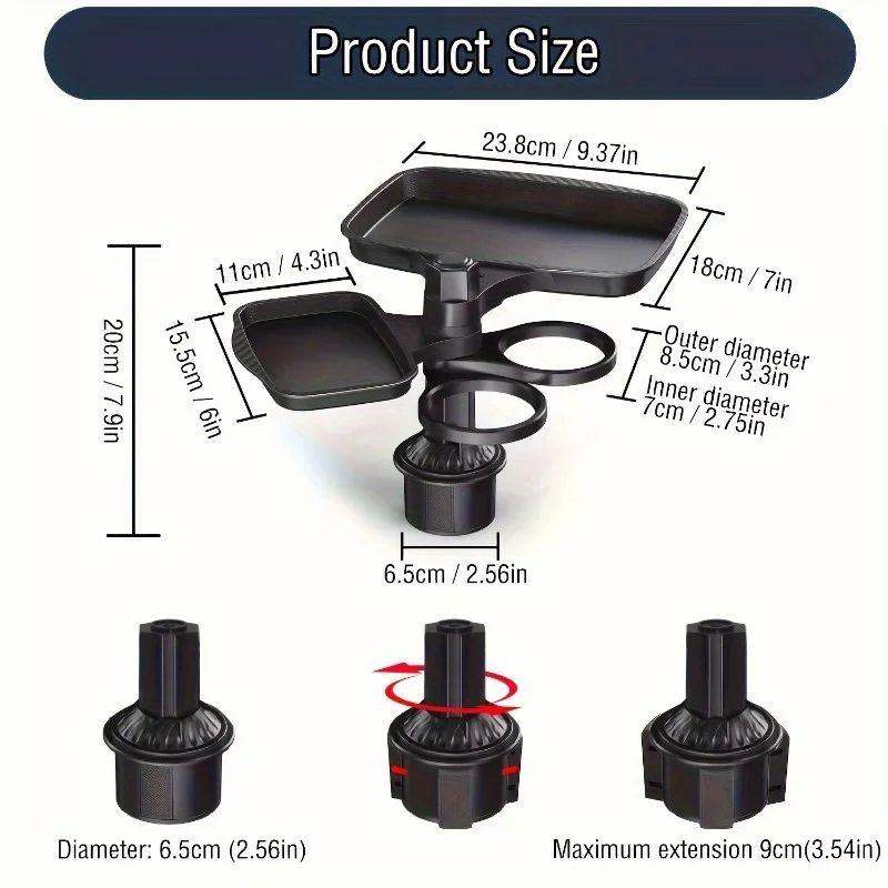 3-in-1 Car Cup Holder Tray – Expandable Rotating Food Table with 360° Adjustable Base