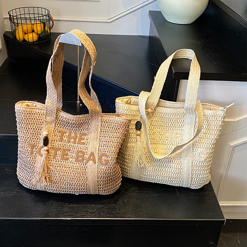 French Style Large Capacity Straw Beach Tote Bag Chic Woven Shoulder Bag for Women