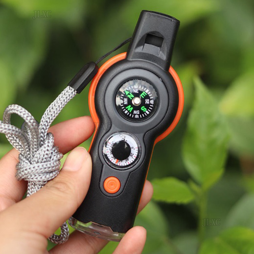 Emergency Survival Whistle with Compass Thermometer Carabiner Keychain