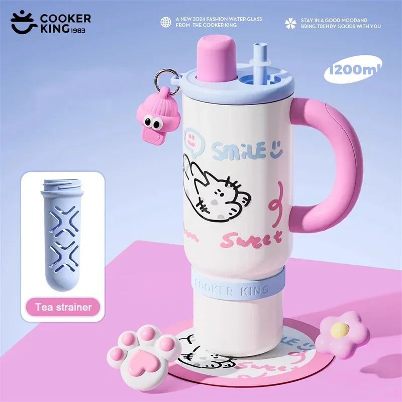 Cooker King Cute Insulated Travel Mug with Straw – Stainless Steel Thermos Cup 1.2L