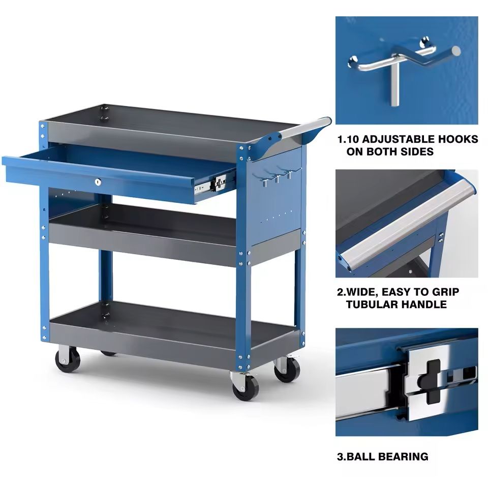 3-Tier Rolling Tool Cart with Wheels 440 lbs Capacity Garage Storage