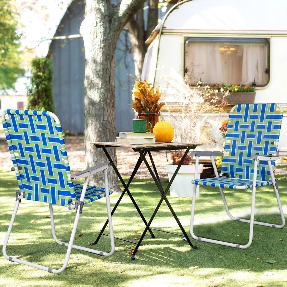 Outdoor Webbed Lawn Chair, Patio Folding Beach Chairs, Steel Frame, Lightweight, Comfortable, Breathable