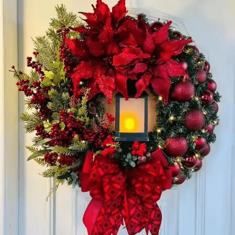 Pre-Lit Christmas Wreath with LED Lantern & Bow for Doors, Walls & Holiday Decor