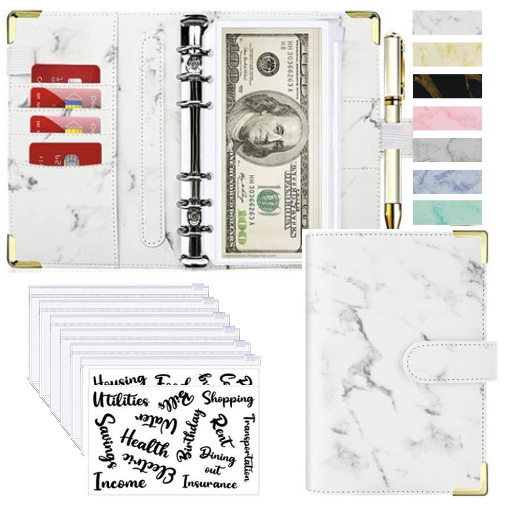 Money Saving Organiser, PU Leather Budget Binder, Marble Notebook, Budget Planner Envelope for Office & School Supplies
