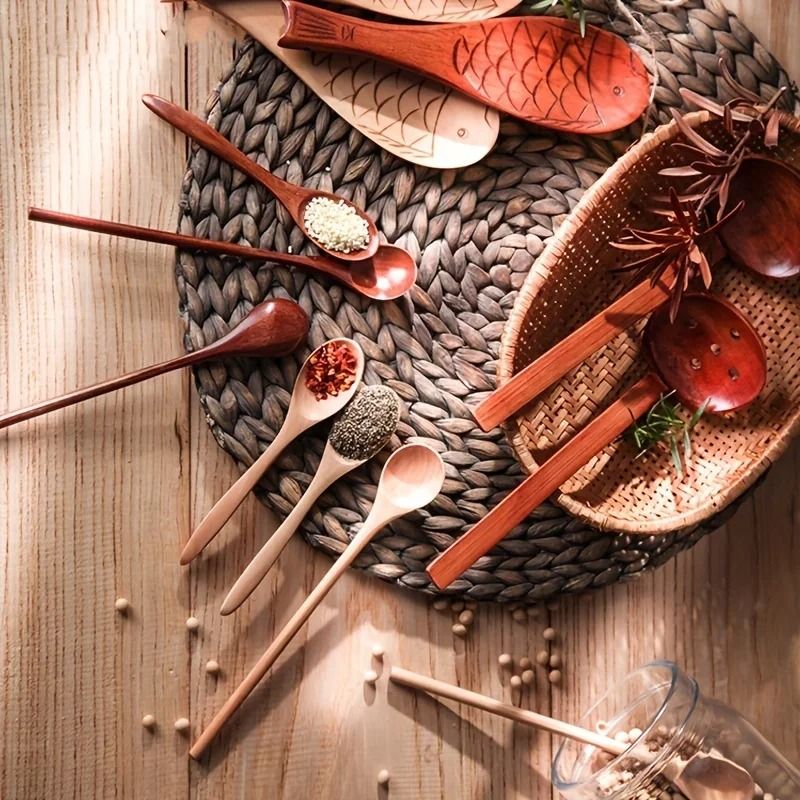 Wooden Tea Spoon Set Long Coffee and Dessert Spoons