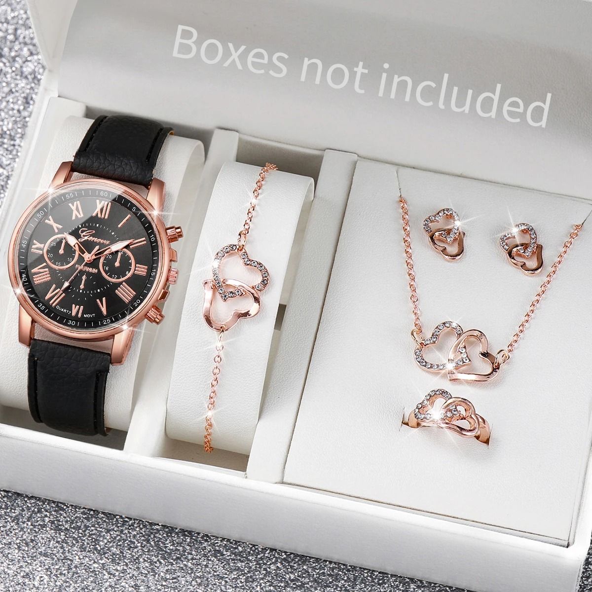 Women Luxury Watch and Jewelry Set Roma Dial Leather Band Quartz