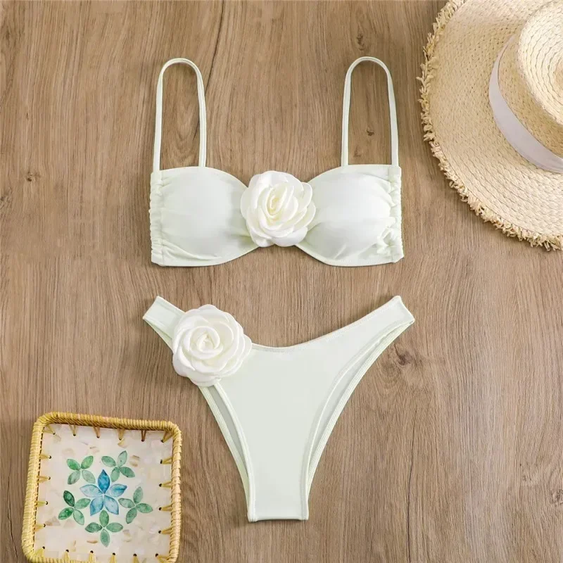 Sexy Flower Bandeau Thong Bikini, Lace-up Swimwear 2025 Women, Brazilian Bikinis Set Mujer, Swimming Bathing Suit